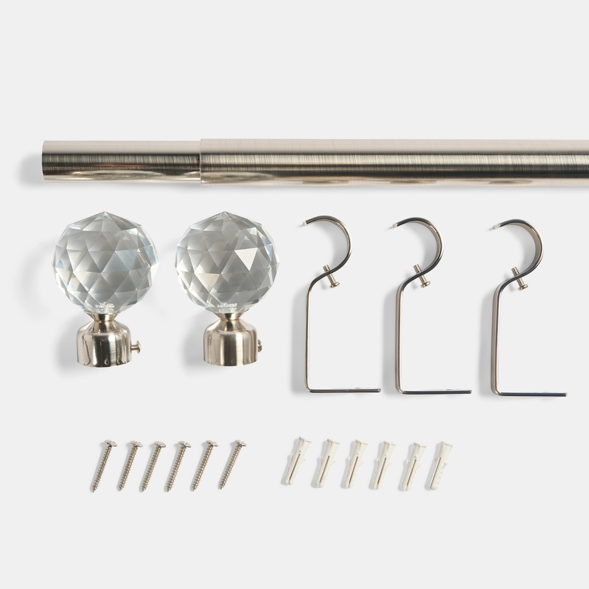 OHS 28mm Extendable Crystal Ball Curtain Pole, Silver - 120-220cm>