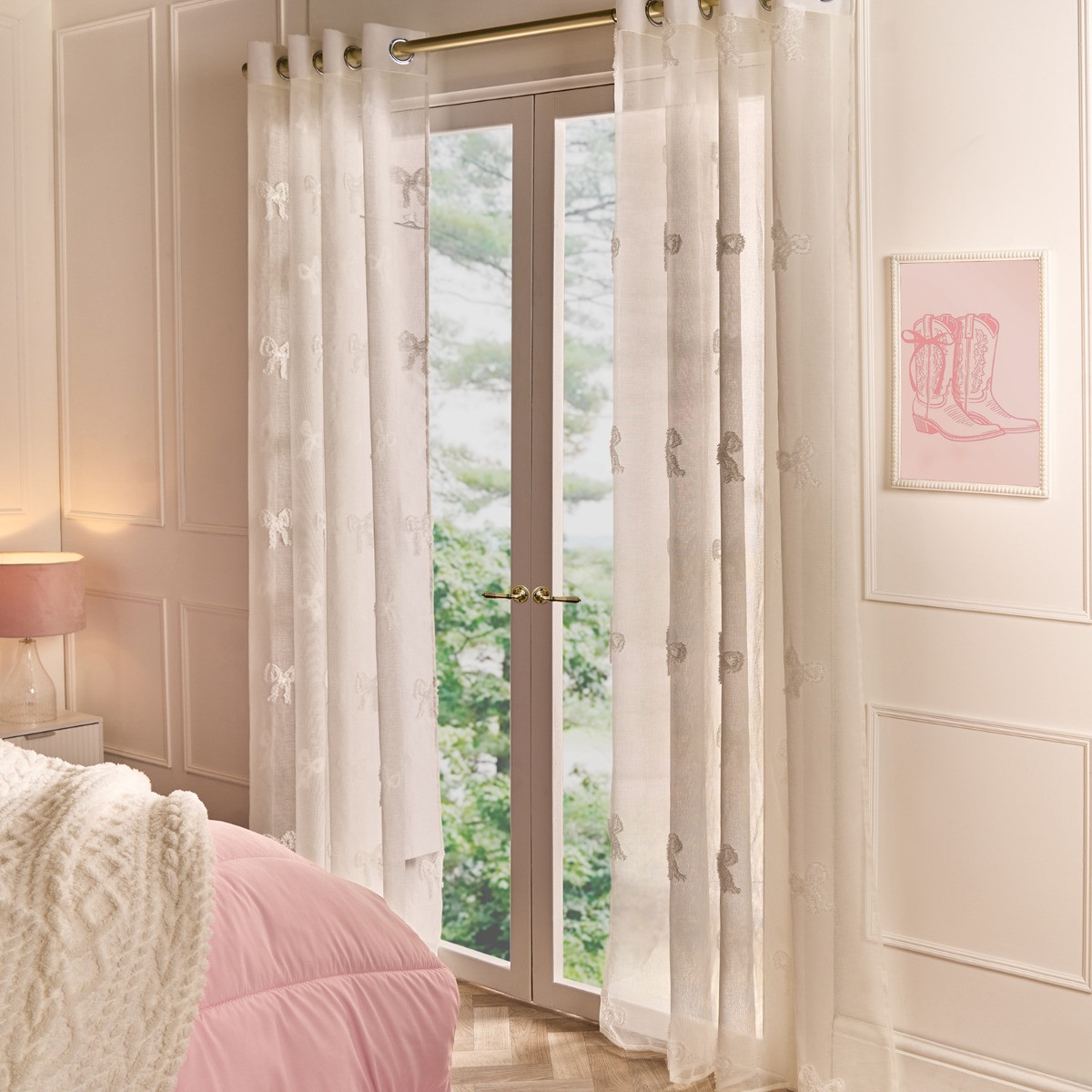 OHS Bows Tufted Voile Curtains - Cream>