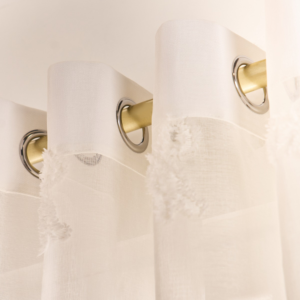 OHS Bows Tufted Voile Curtains - Cream>