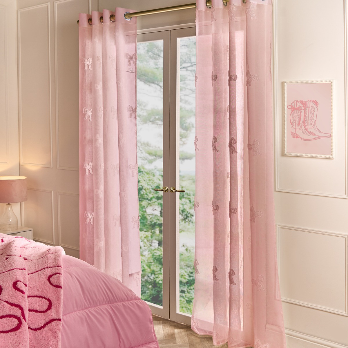 OHS Bows Tufted Voile Curtains - Pink>