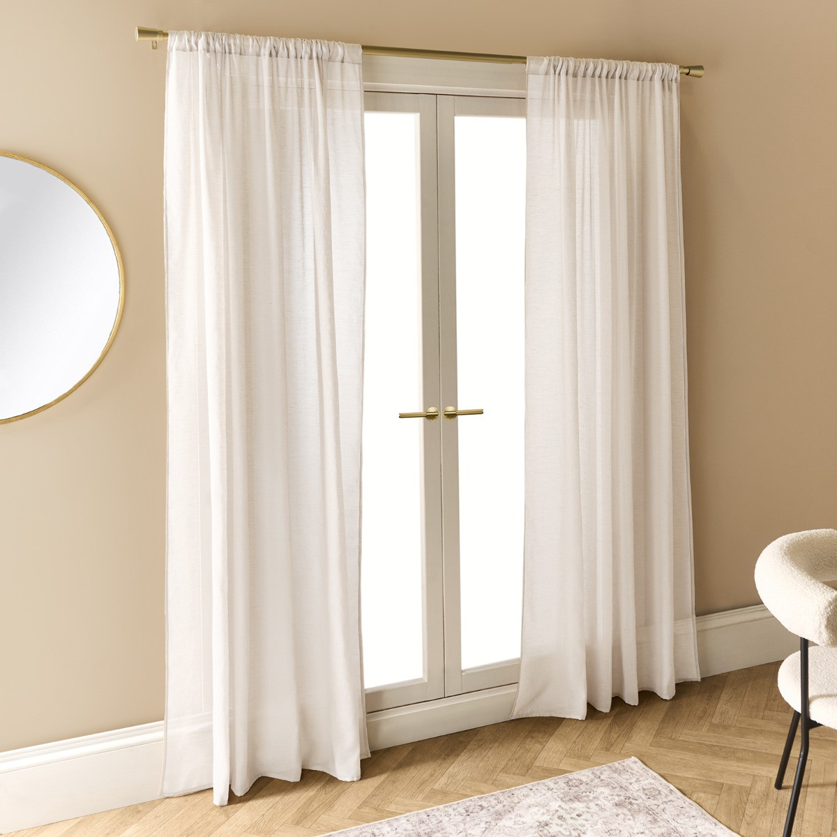 OHS Linen Look Slot Top Voile Curtains (Pair) - Ivory>