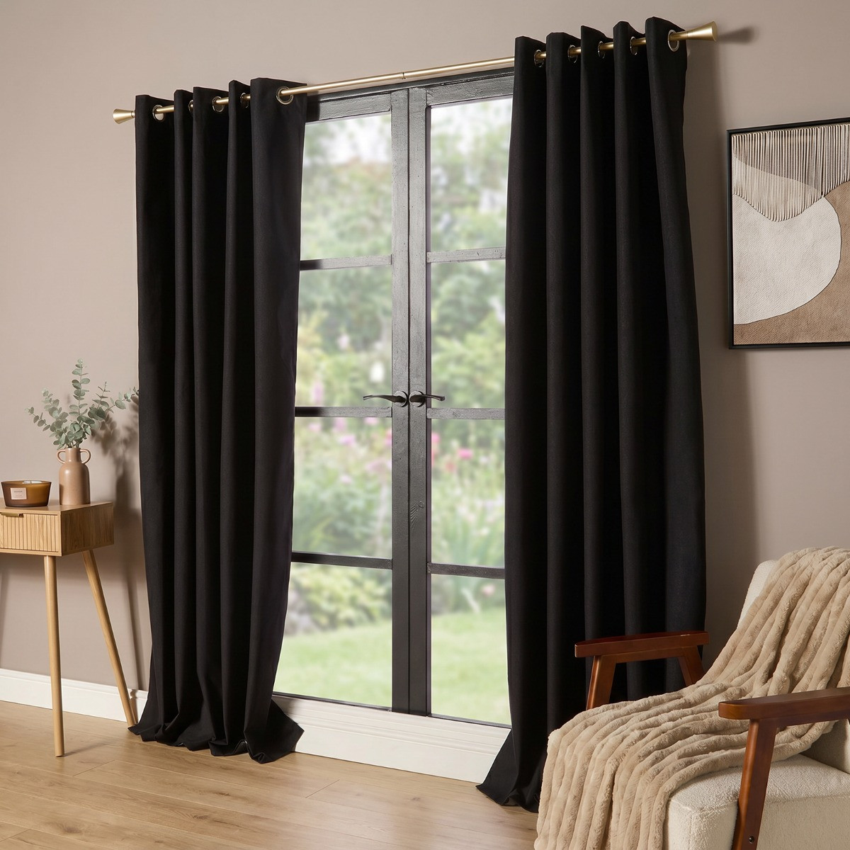 OHS Woven Texture Eyelet Blackout Curtains - Black>