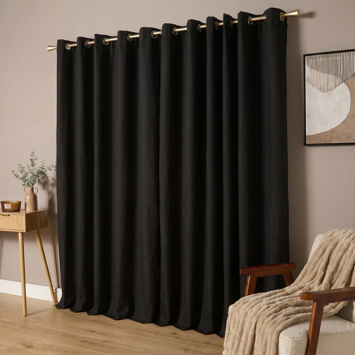 OHS Woven Texture Eyelet Blackout Curtains - Black>