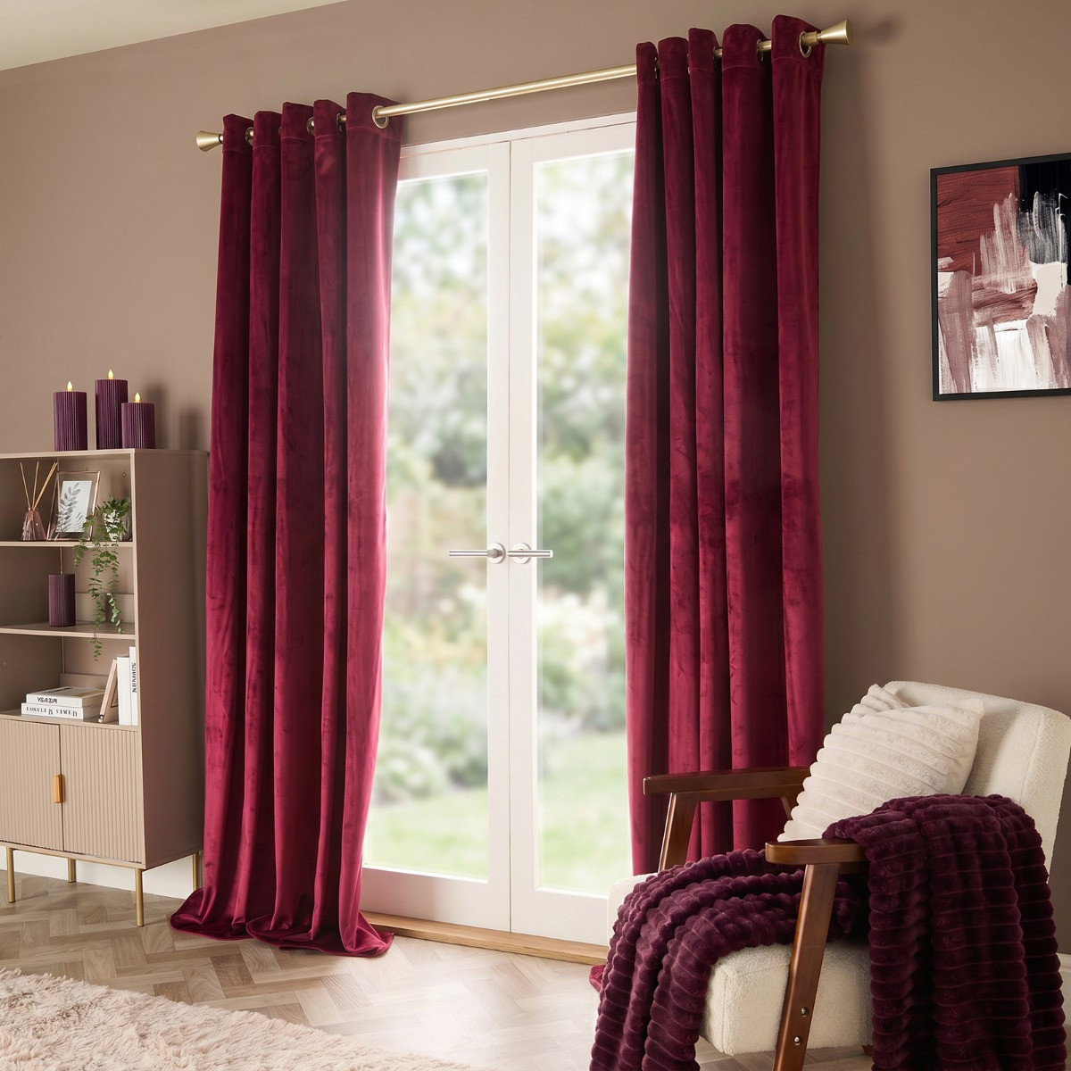 OHS Thermal Velvet Eyelet Curtains - Berry>