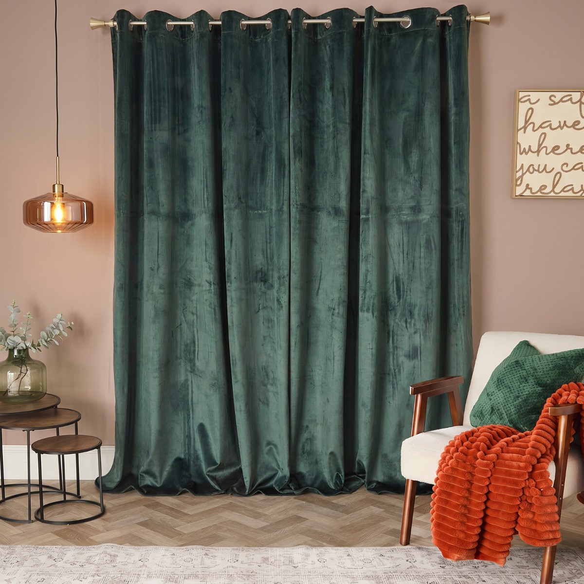 OHS Thermal Velvet Eyelet Curtains - Green>