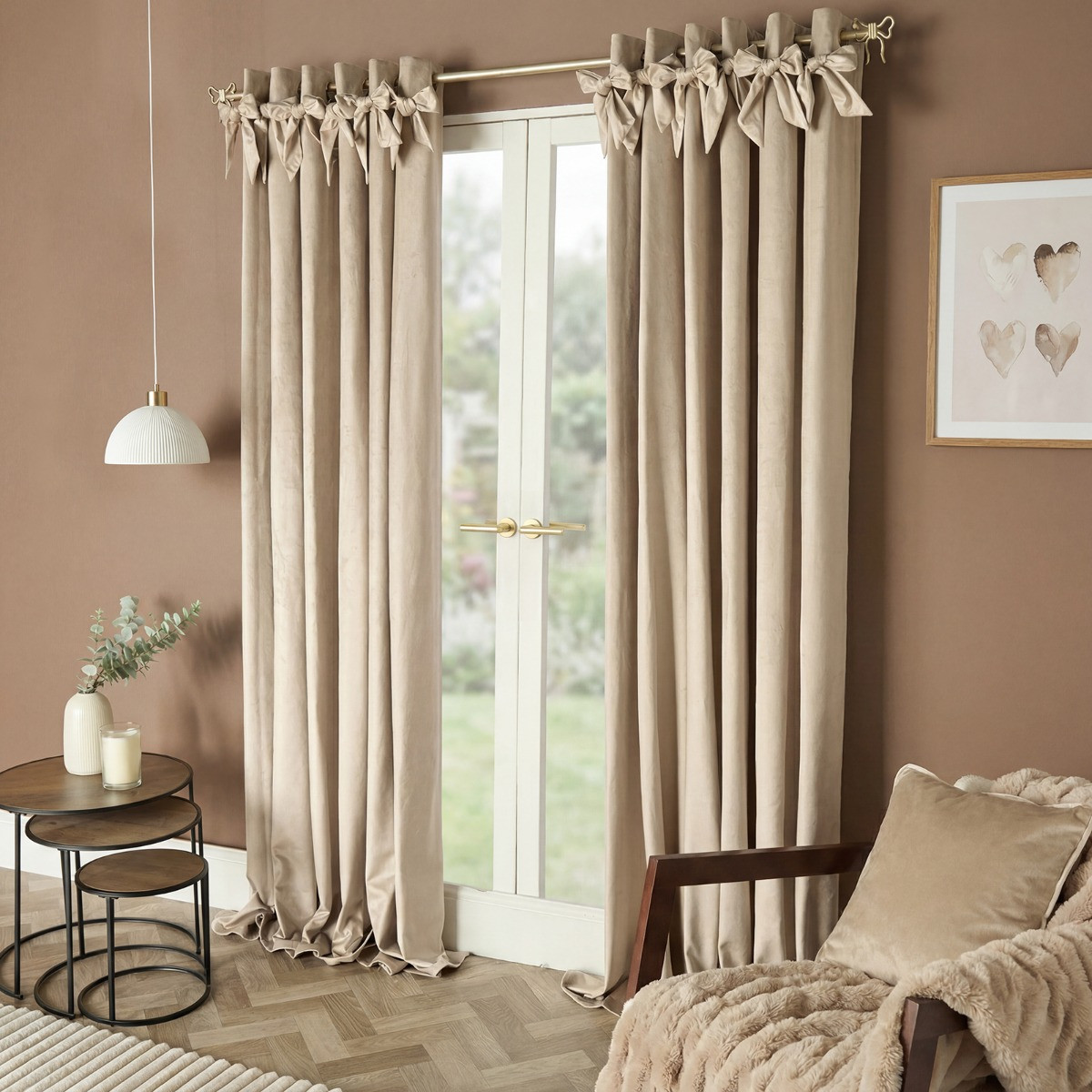 OHS Bow Velvet Eyelet Curtains - Natural>