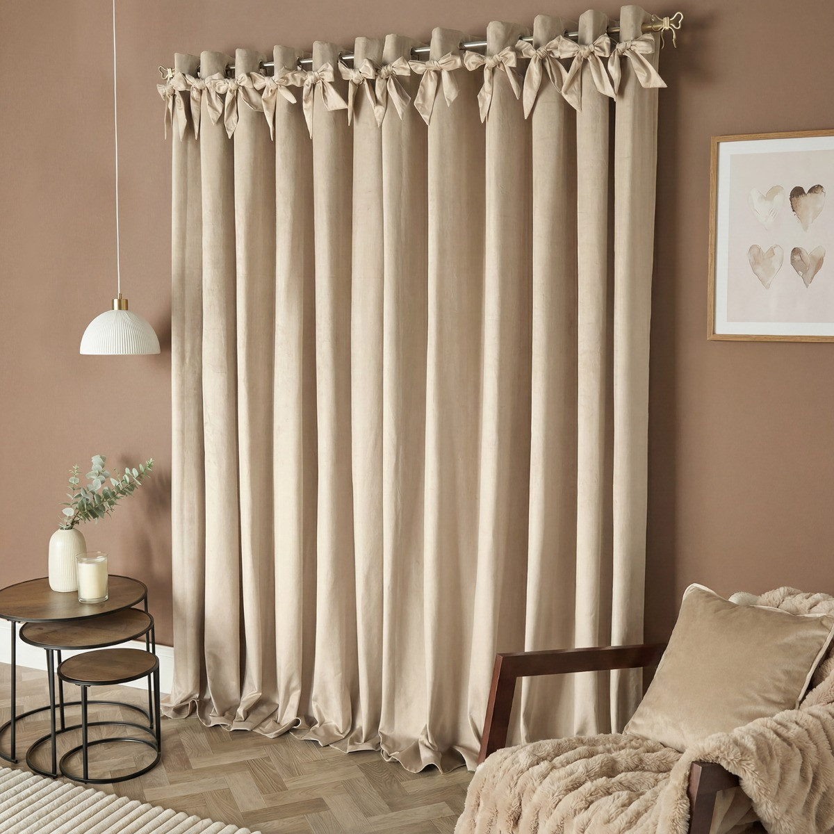 OHS Bow Velvet Eyelet Curtains - Natural>