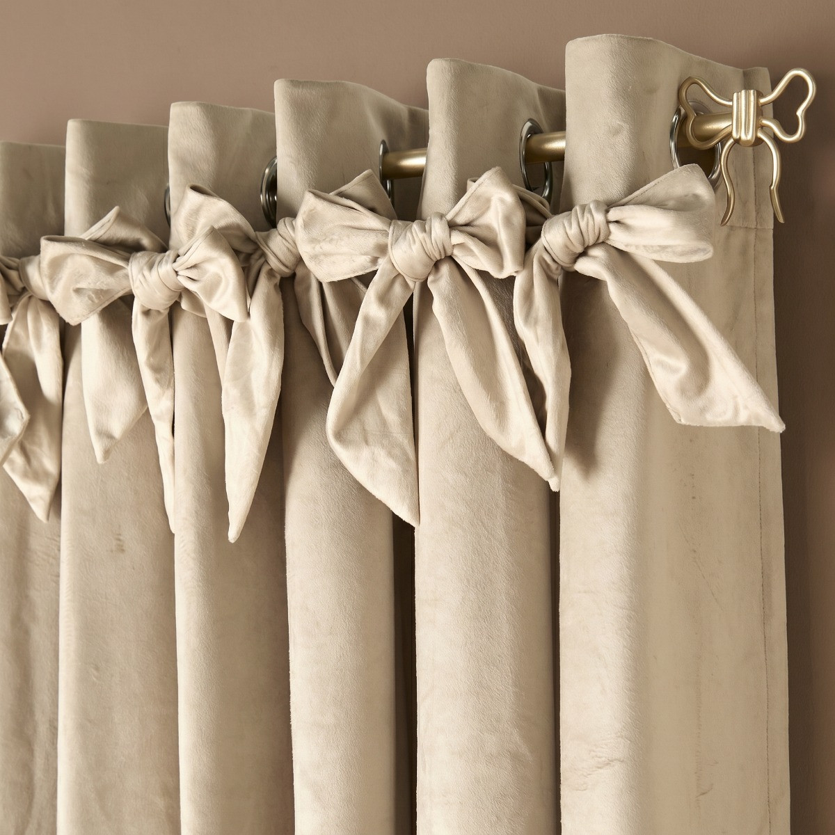 OHS Bow Velvet Eyelet Curtains - Natural>