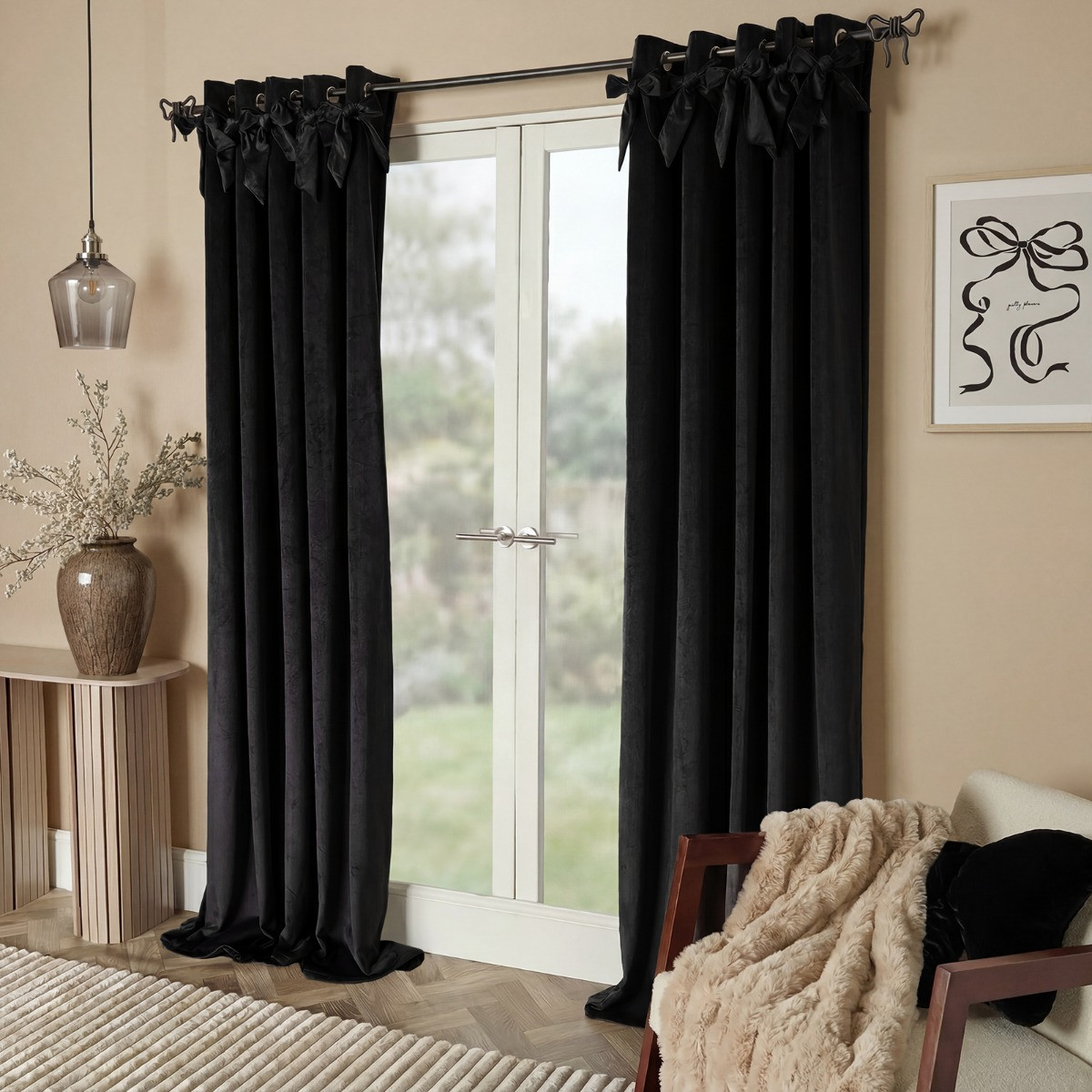 OHS Bow Velvet Eyelet Curtains - Black>