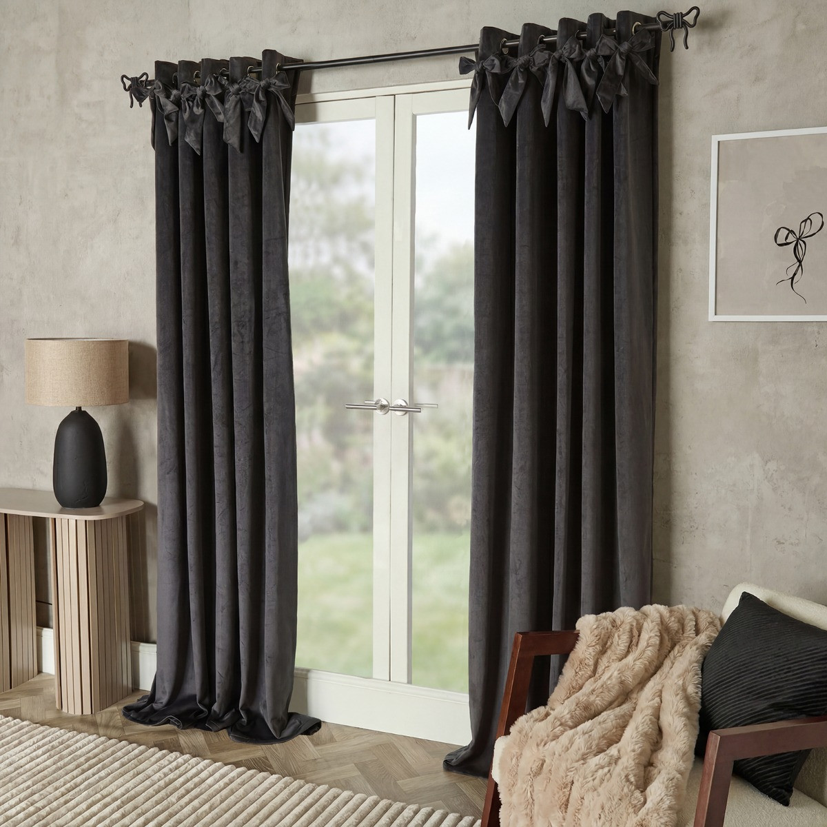 OHS Bow Velvet Eyelet Curtains - Grey>