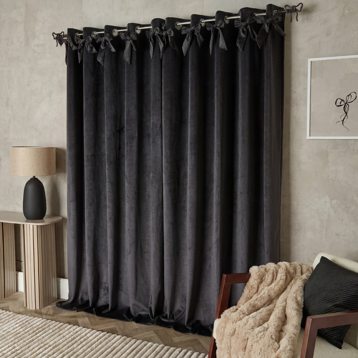 OHS Bow Velvet Eyelet Curtains - Grey>