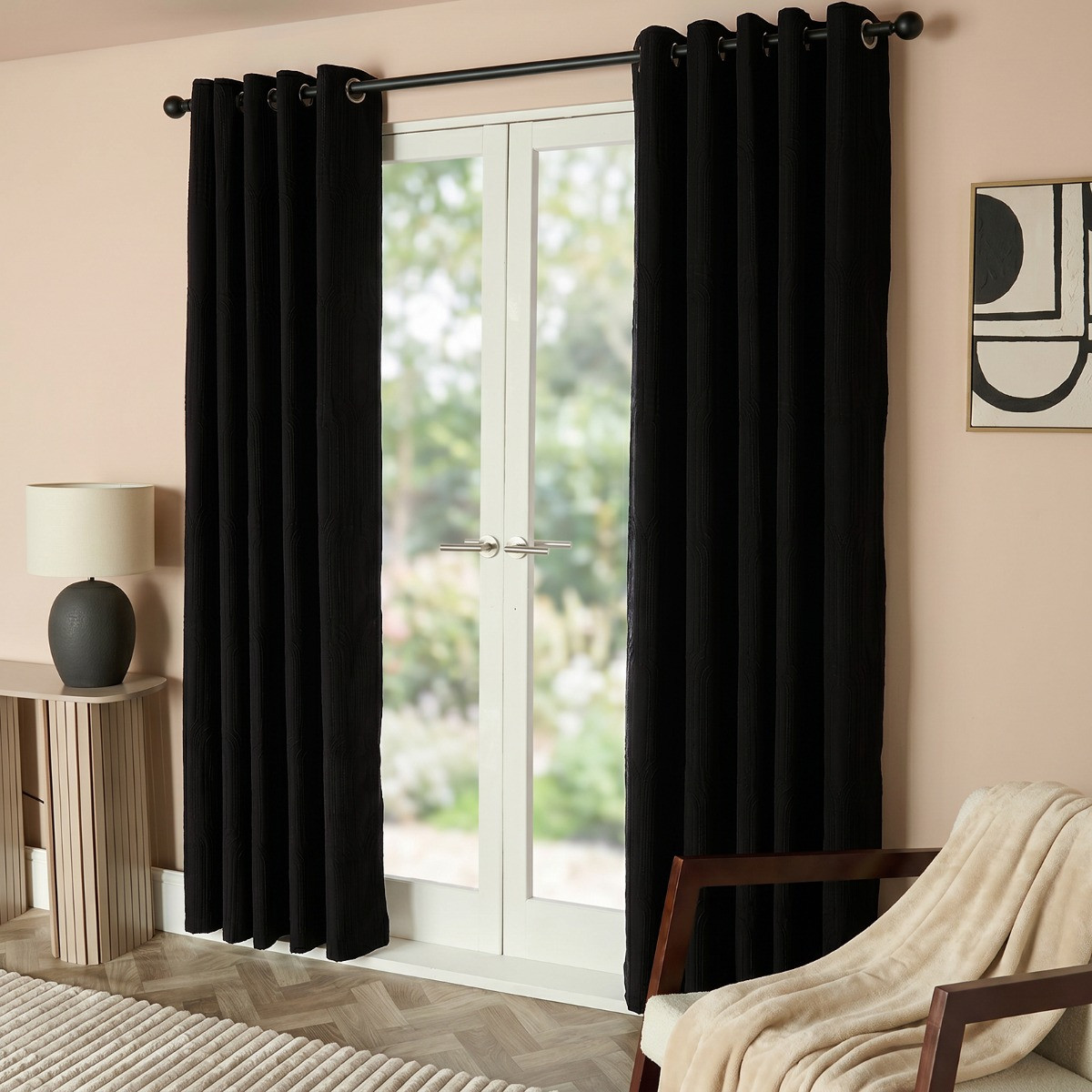 OHS Embossed Arches Eyelet Curtains - Black>