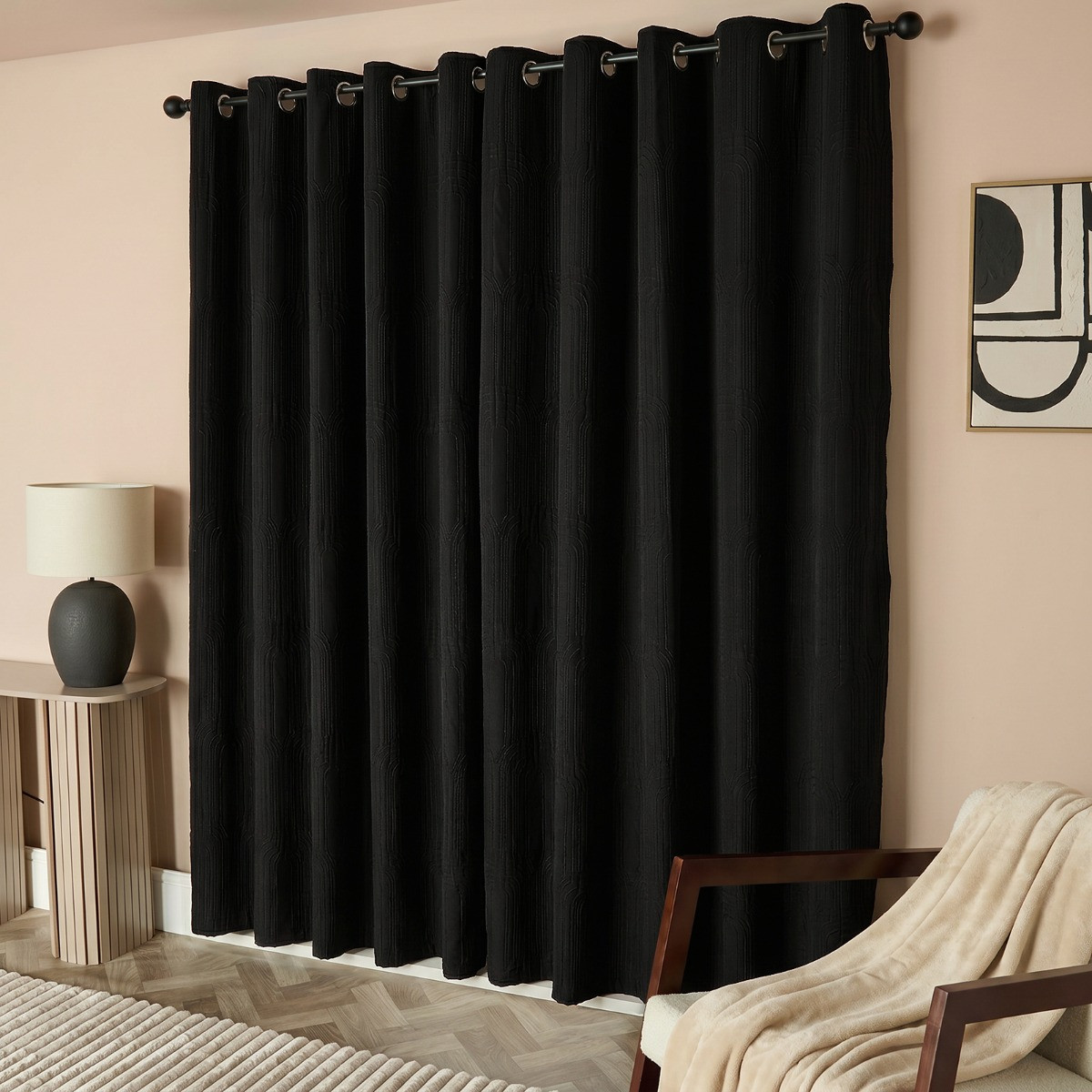 OHS Embossed Arches Eyelet Curtains - Black>