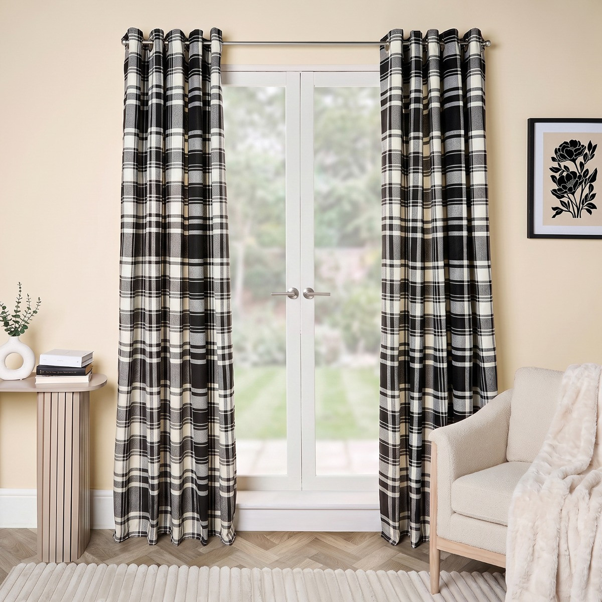 OHS Woven Check Eyelet Curtains - Monochrome>