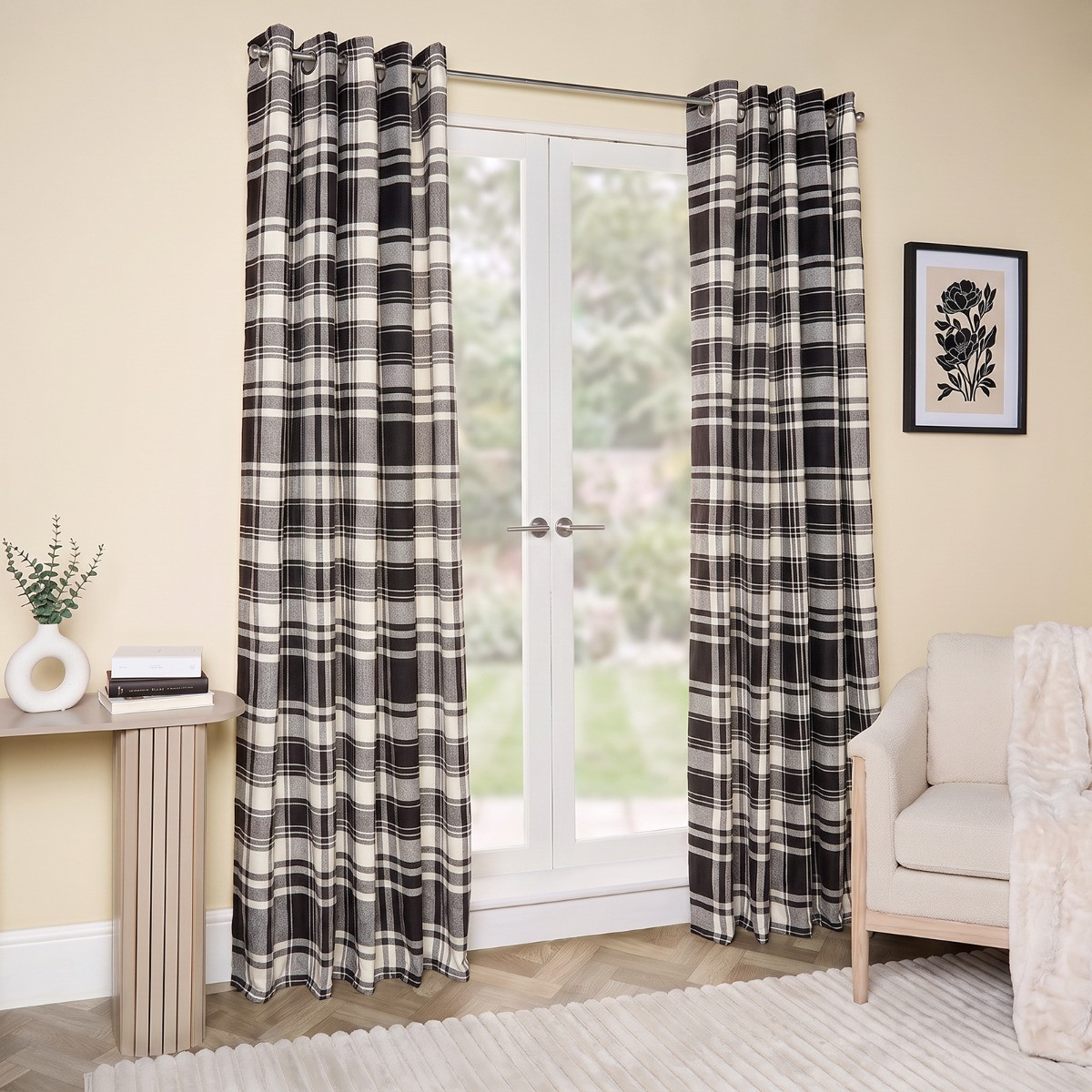 OHS Woven Check Eyelet Curtains - Monochrome>