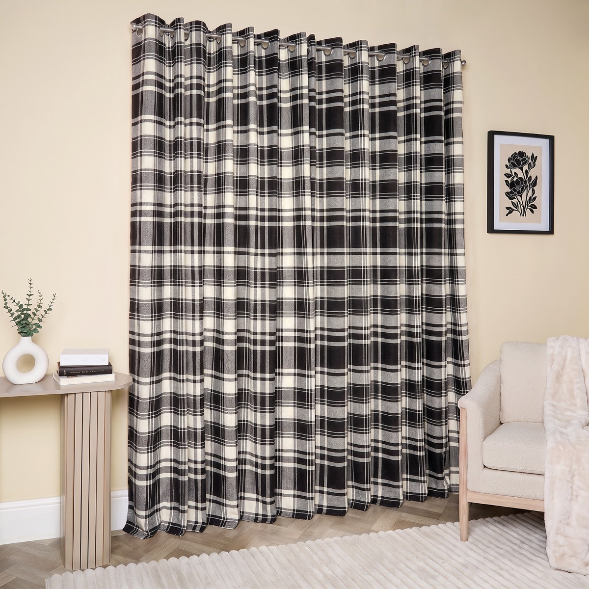 OHS Woven Check Eyelet Curtains - Monochrome>