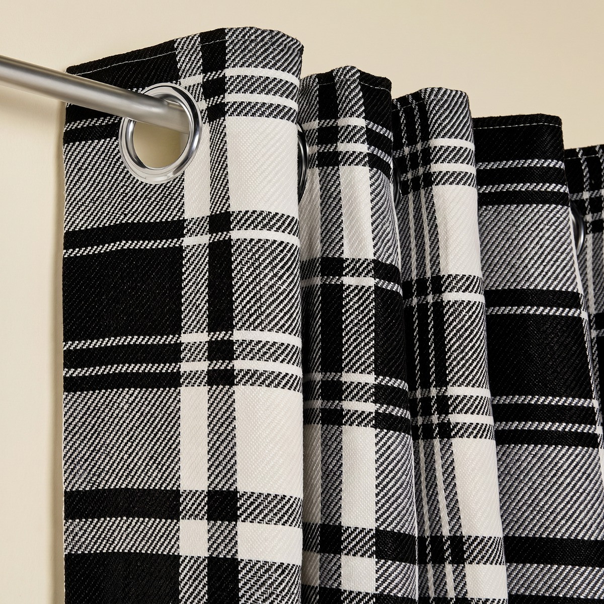 OHS Woven Check Eyelet Curtains - Monochrome>