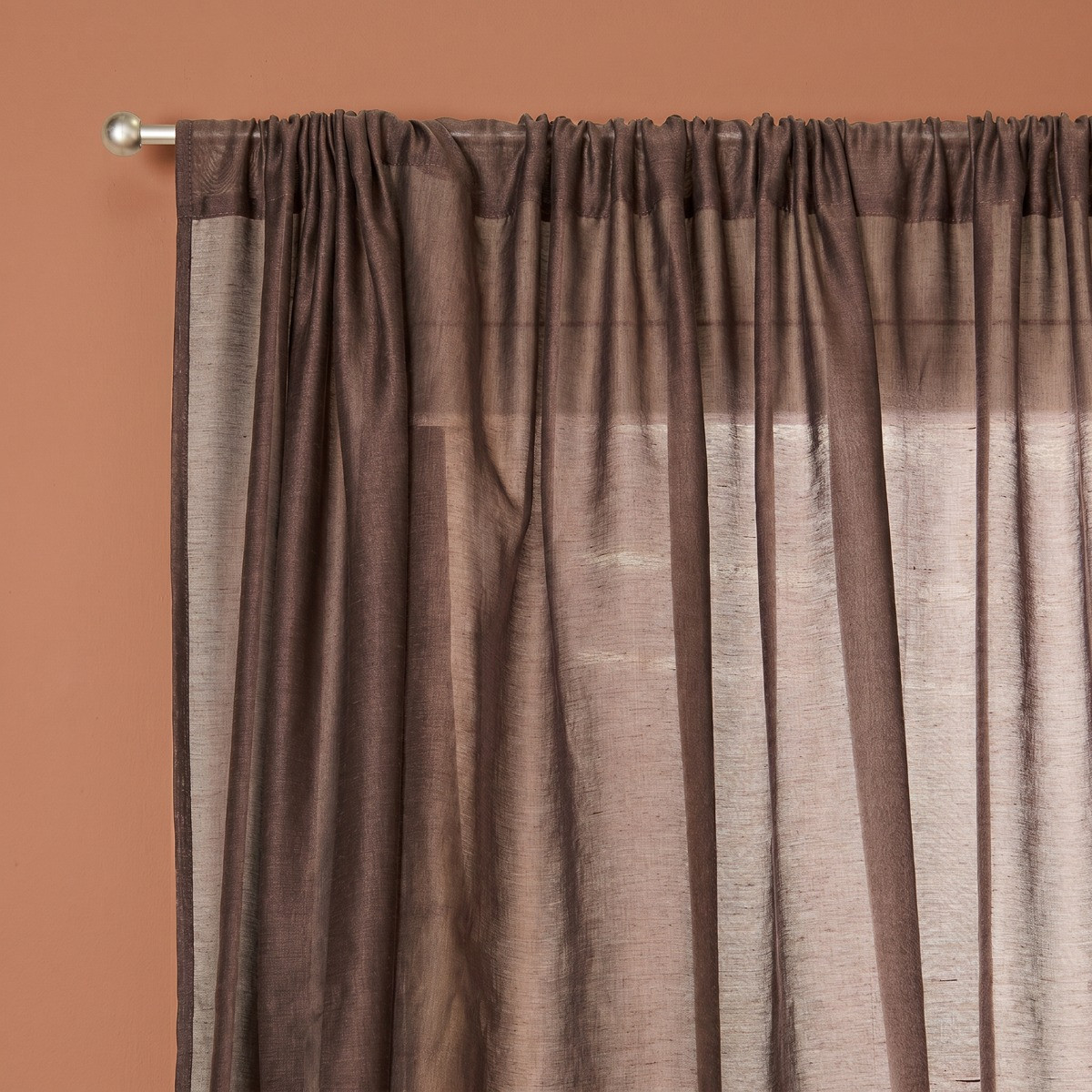 OHS Linen Look Slot Top Voile Curtains - Coffee>