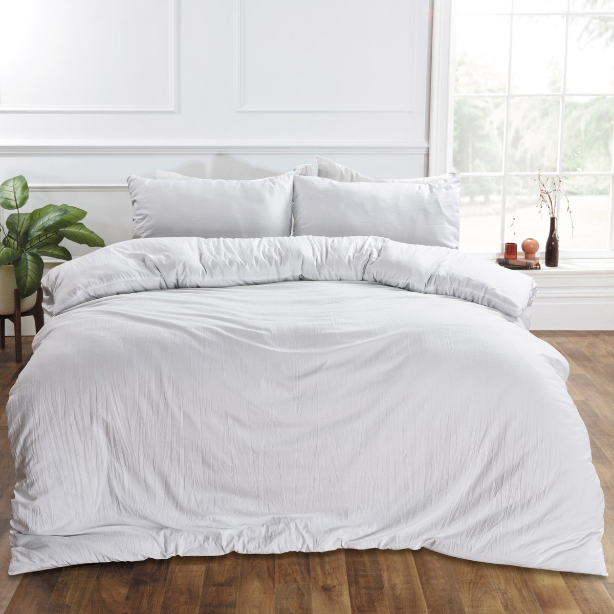 OHS Washed Linen Look Duvet Cover Set, White - Super King>