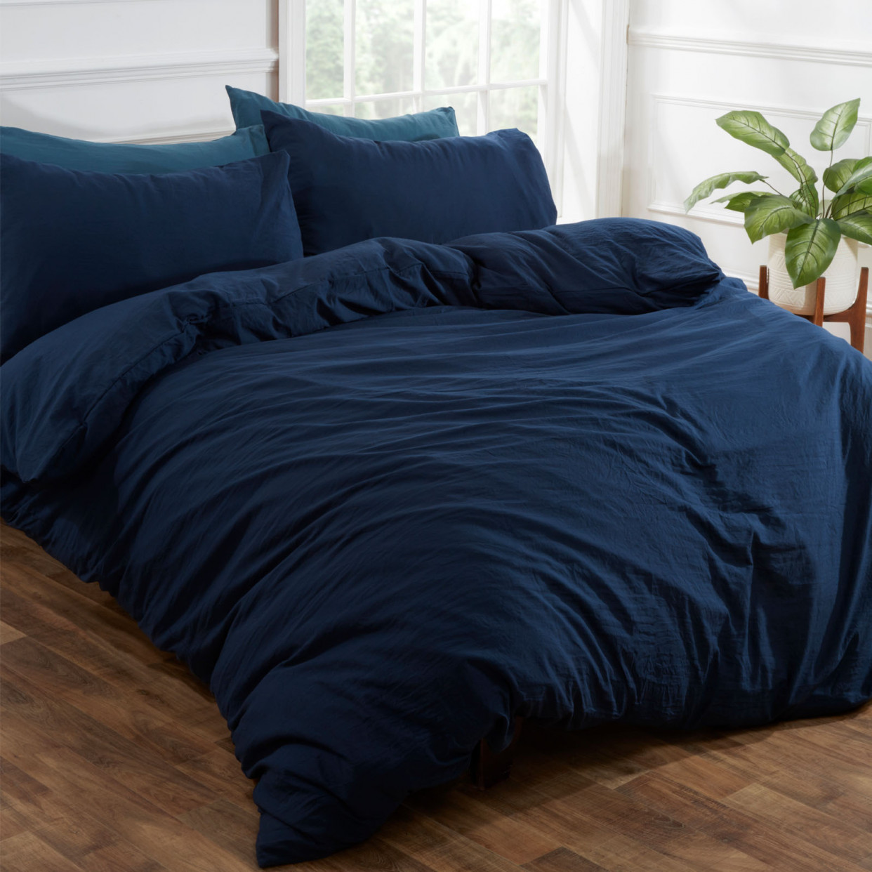 OHS Washed Linen Look Duvet Cover Set - Navy>