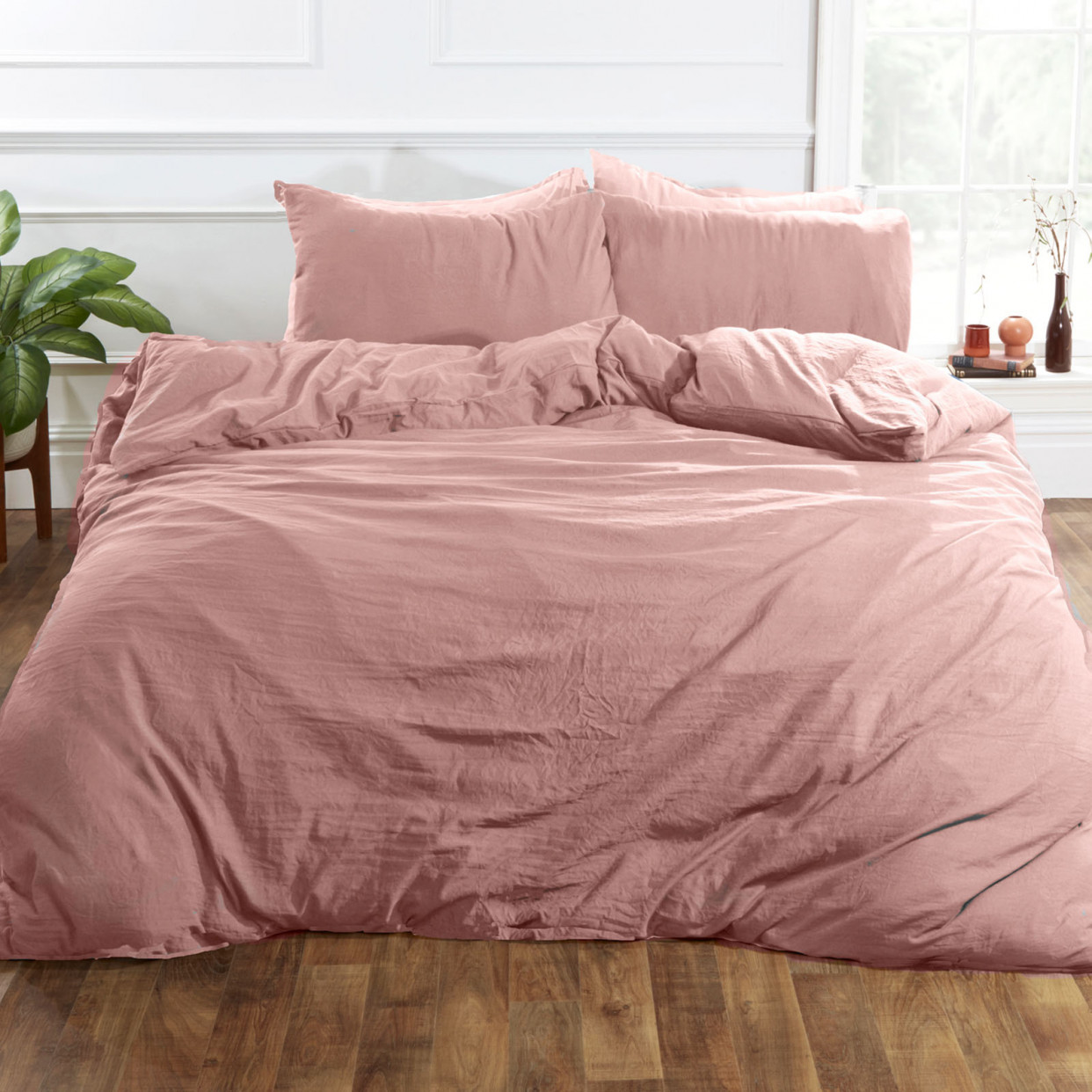 OHS Washed Linen Look Duvet Cover Set, Blush - Single>