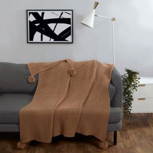 Dreamscene Chunky Knit Pom Pom Throw, Natural - 150 x 180cm