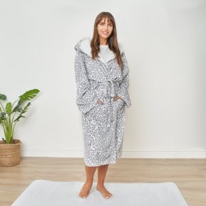 Dreamscene Leopard Print Fleece Dressing Gown - Grey