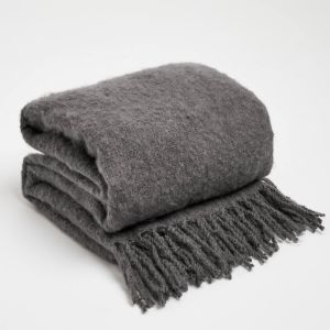 Highams Teased Wool Tassel Throw - Charcoal