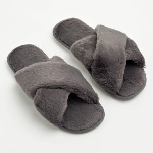 OHS Faux Fur Cross Strap Slippers - Grey