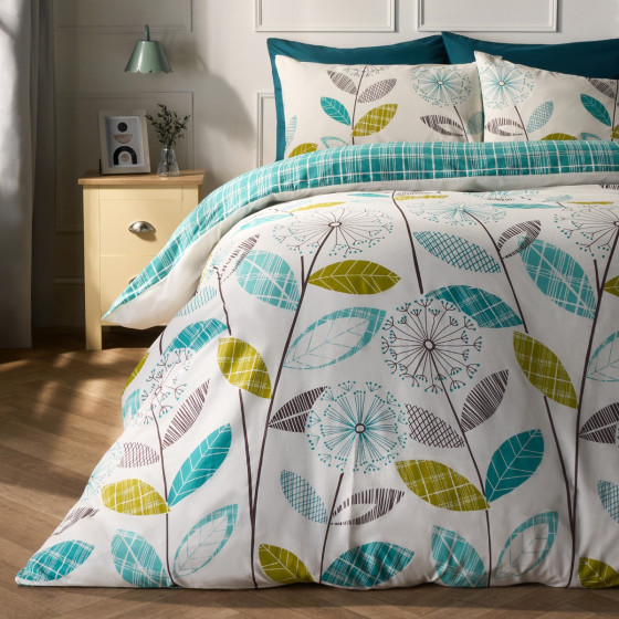 OHS Allium Floral Tartan Check Bedding Double Duvet Cover Set - Teal/Green