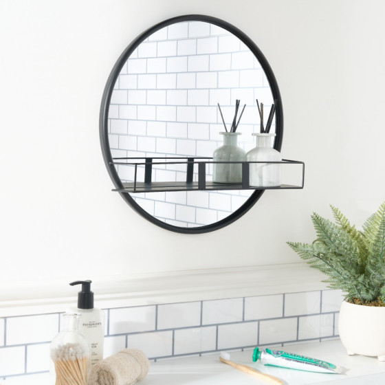 OHS Round Mirror with Shelf - Black