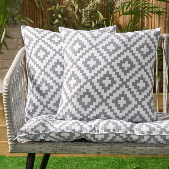 OHS Indoor/Outdoor Geo Print Outdoor Cushion Covers with Cushion Pads, - Grey/White