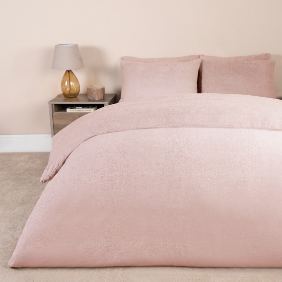 OHS Teddy Fleece Duvet Cover Set, Blush Pink - Super King