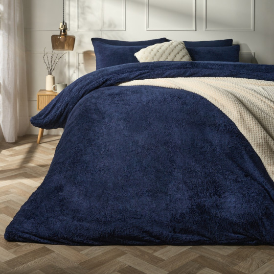 OHS Teddy Fleece Duvet Cover Set, Navy - Double