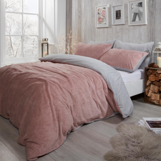 Brentfords Teddy Fleece Reversible Duvet Cover Set Blush Pink/Grey