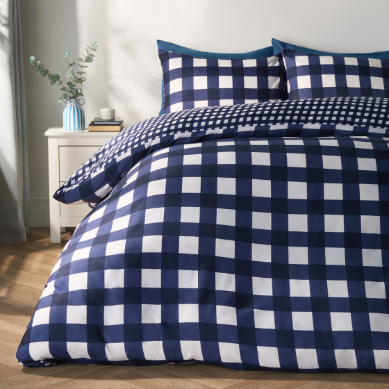 OHS Gingham Reversible Duvet Cover Set - Navy