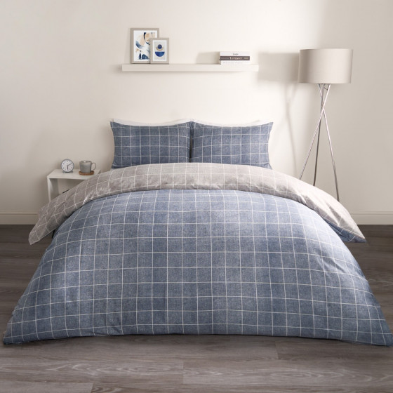 OHS Fine Line Check Reversible Duvet Set, Navy/Grey - Double