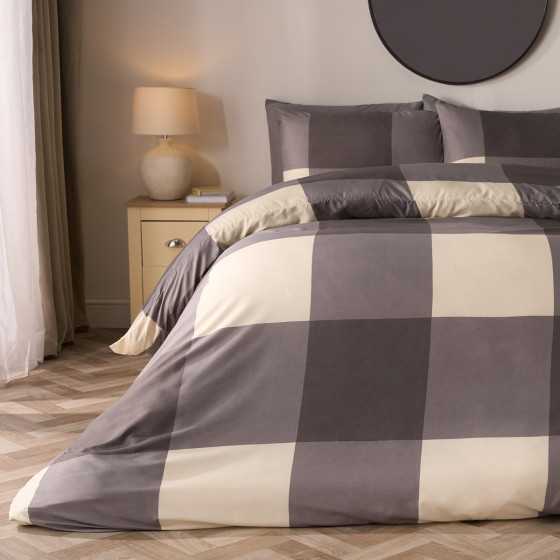OHS Gingham Block Check Duvet Cover Set, Grey - Superking