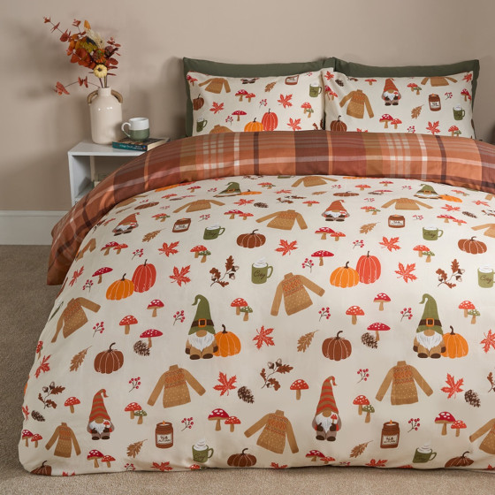 OHS Autumnal Novelty Checked Reversible Duvet Cover Set, Cream/Rust - Double