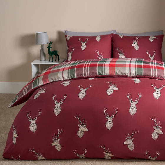 OHS Stag Checkered Reversible Duvet Set, Red - King