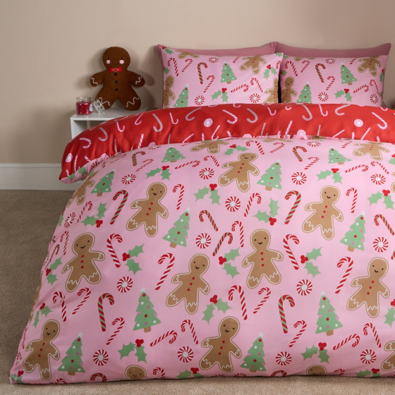 OHS Gingerbread Man Candy Cane Reversible Duvet Set, Pink - Single