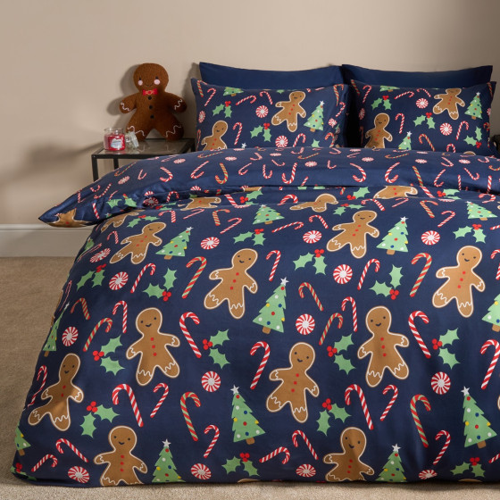 OHS Gingerbread Man Candy Cane Reversible Duvet Set, Navy - Double