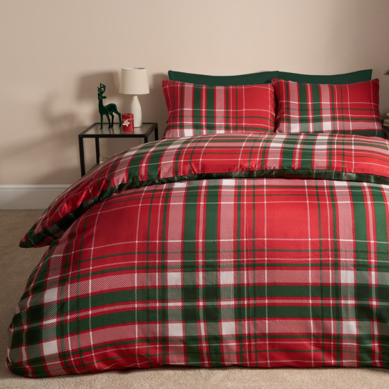 OHS Traditional Christmas Check Duvet Set, Red/Green - Single