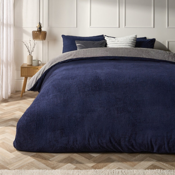 OHS Teddy Fleece Reversible Duvet Cover Set, Navy/Grey - Single