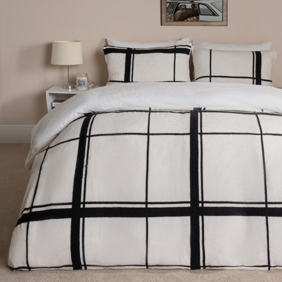 OHS Oakley Grid Teddy Duvet Set, Natural/Black - King