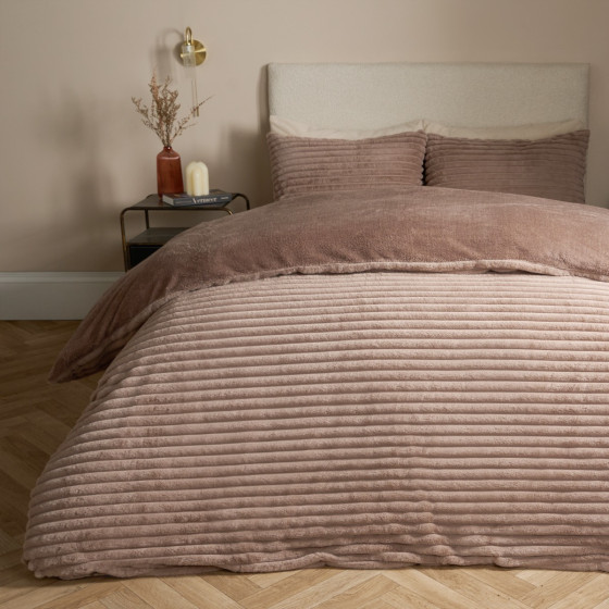 OHS Ribbed Faux Fur Duvet Set, Natural - Superking