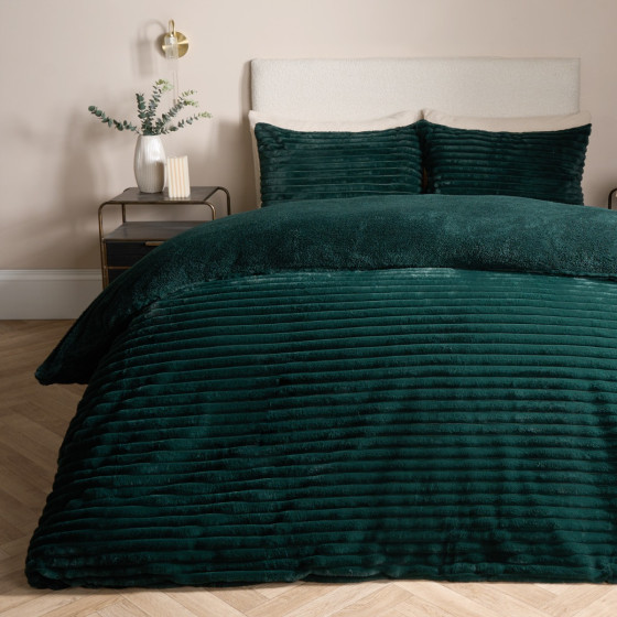 OHS Ribbed Faux Fur Duvet Set, Forest Green - Superking