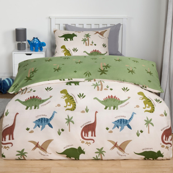 OHS Educational Dino Reversible Duvet Cover Set, Cream/Green - Single