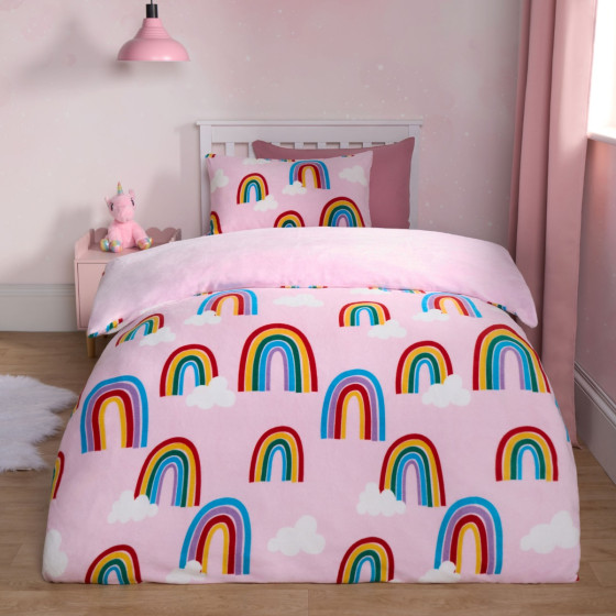 OHS Rainbow Print Fleece Duvet Set, Pink - Single