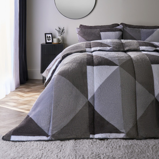 OHS Teddy Geometric Coverless 10.5 Duvet & Pillowcases, Grey - King